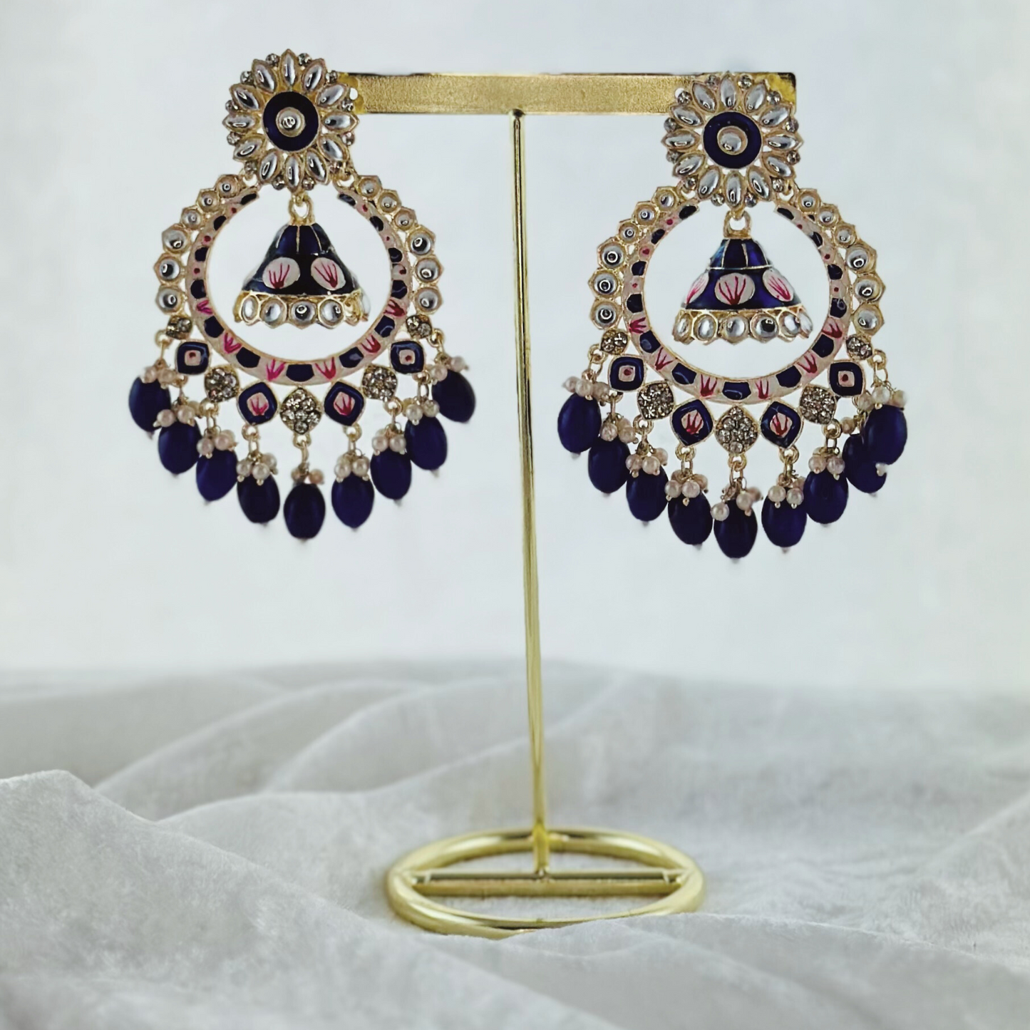 High quality hand painted navy earrings with beads. Latest 2023 fashion, prefect for Indian weddings, parties & special occasions.