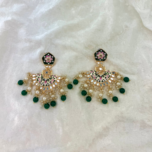 High quality hand painted earrings in forest green with pearls, beads, mirrors and stone work. Latest 2022 indian jewellery for weddings, parties and special occasions.