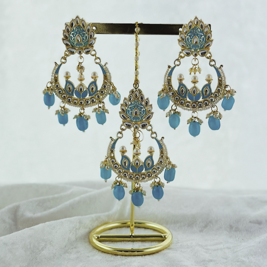 Tikka & Earring Set in blue. High quality beads, pearls and stone work. Latest 2023 fashion for weddings, parties and special occasions