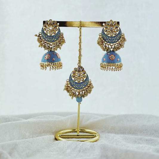 Tikka & Earring Set in blue. High quality beads, pearls and stone work. Latest 2023 fashion for weddings, parties and special occasions