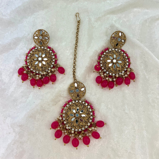 Mirror Tikka & Earring Set in Hot Pink, high quality mirrors, stones and beads