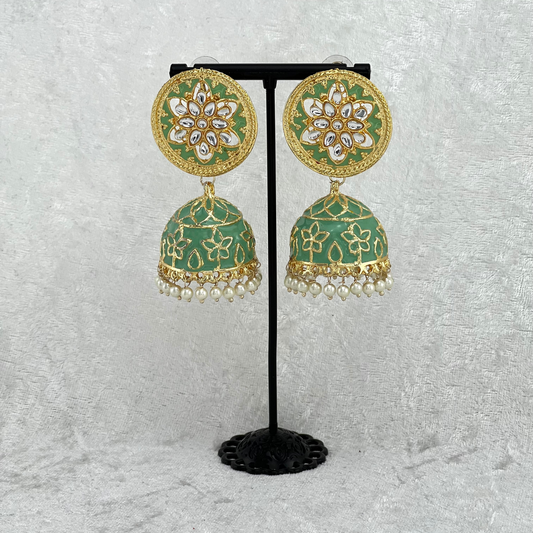 Jhumka Earrings in mint green colour High quality hand painted earrings with pearls. Latest 2022 fashion, prefect for Indian weddings, parties & special occasions.