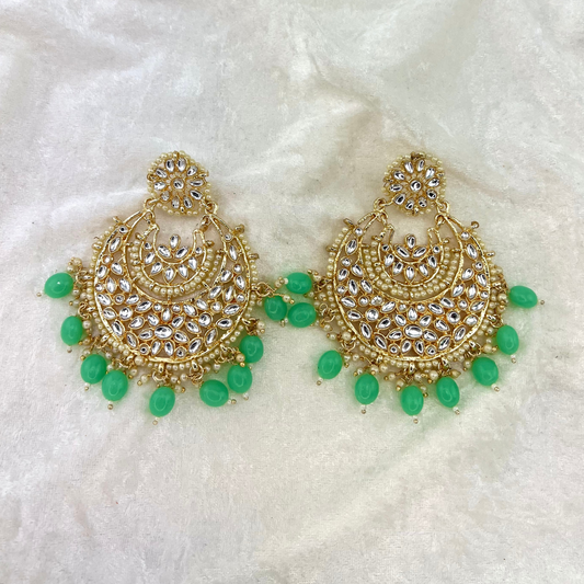 Indian wedding jewellery - large earrinfs with high quality stones and beads in mint green