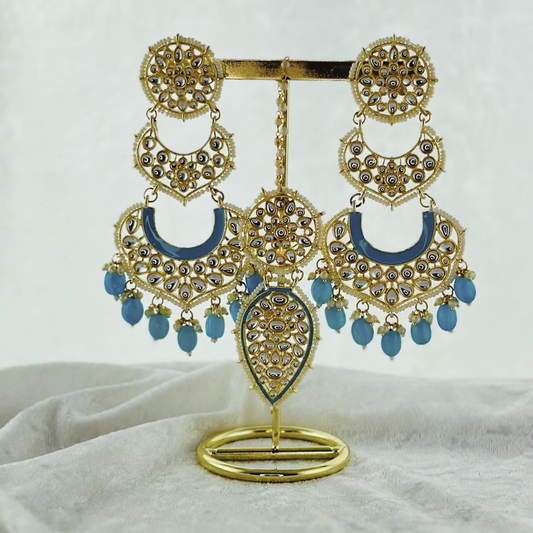 Tikka & Earring Set in blue. High quality beads, pearls and stone work. Latest 2023 fashion for weddings, parties and special occasions