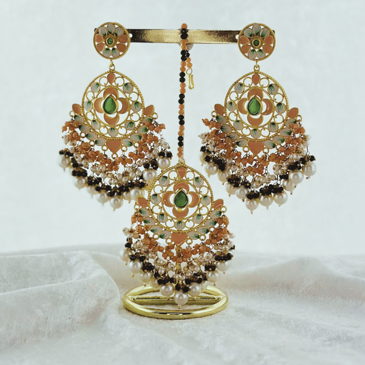 Tikka & earring set in peach & forest green High quality beads, pearls and stone work. Latest 2023 fashion for weddings, parties and special occasions