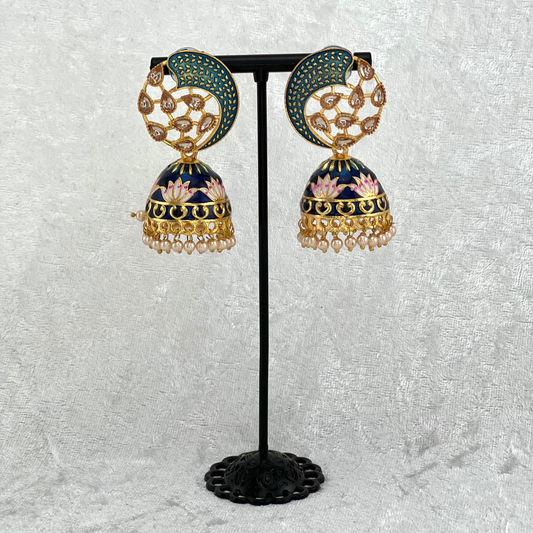 Jhumka Earrings in navy blue with pearls, Indian wedding jewellery, perfect for Indian weddings, parties and special occasions