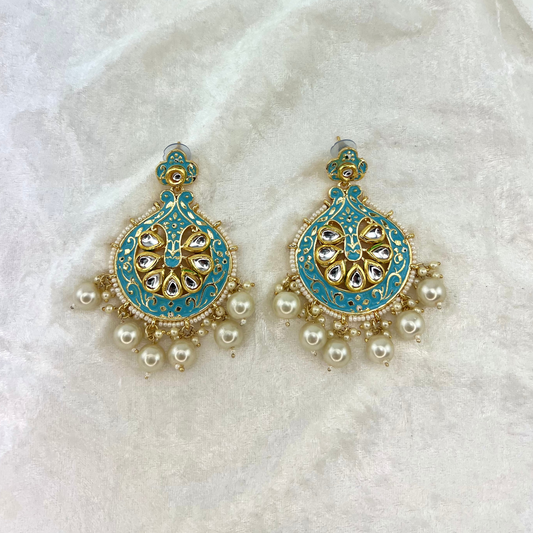 Indian fashion earring, hand painted pearls in Baby Blue colour. Indian wedding jewellery