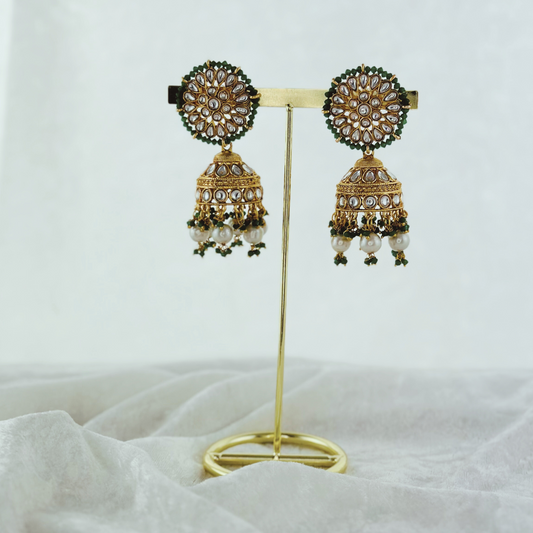 High quality forest green jhumka earrings with beads. Latest 2023 fashion, prefect for Indian weddings, parties & special occasions.