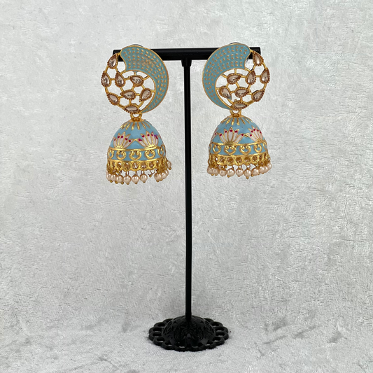 Jhumka Earrings in baby blue with pearls, Indian wedding jewellery, perfect for Indian weddings, parties and special occasions