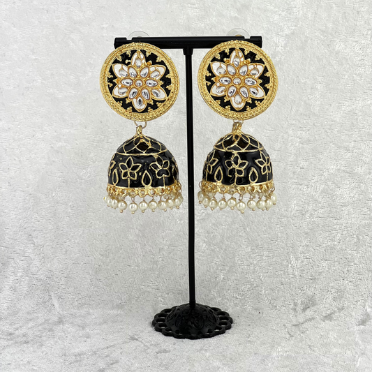 Jhumka Earrings in black colour High quality hand painted earrings with pearls. Latest 2022 fashion, prefect for Indian weddings, parties & special occasions.