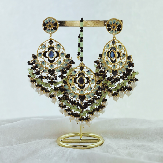 Tikka & earring set in navy & green. High quality beads, pearls and stone work. Latest 2023 fashion for weddings, parties and special occasions