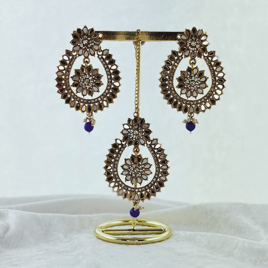 Tikka & earring set in blue. High quality beads, pearls and stone work. Latest 2023 fashion for weddings, parties and special occasions