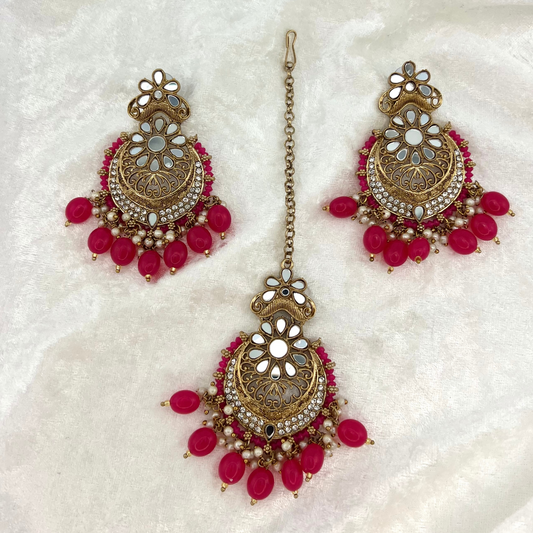 Mirror Tikka & Earring set in Hot Pink, high quality stones and beads
