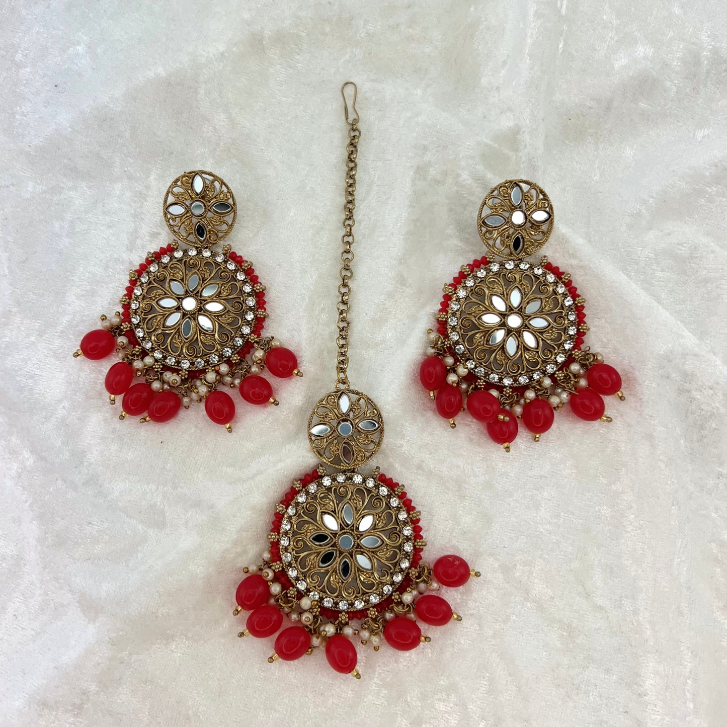 Mirror Tikka & Earring Set in Red, high quality mirrors, stones and beads