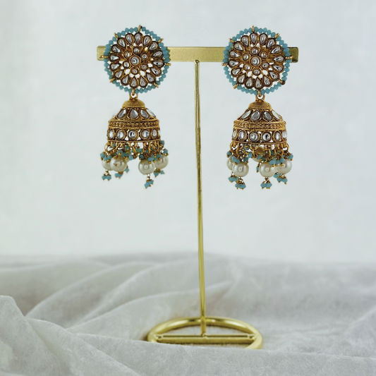 High quality baby blue jhumka earrings with beads. Latest 2023 fashion, prefect for Indian weddings, parties & special occasions.