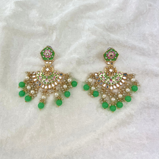 High quality hand painted earrings in Mint Green with pearls, beads, mirrors and stone work. Latest 2022 indian jewellery for weddings, parties and special occasions.