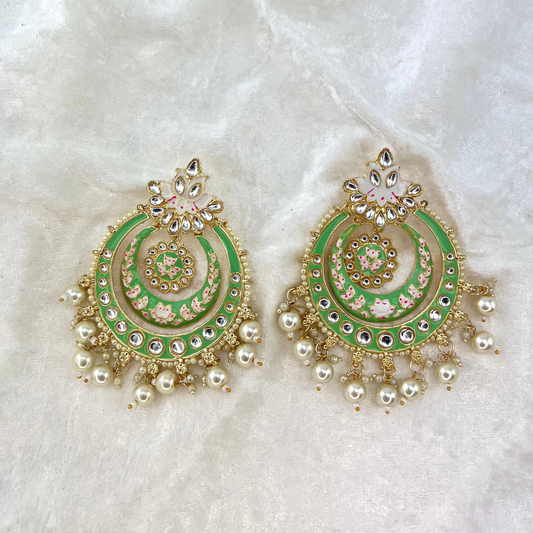 Large Indian Wedding Earrings in mint green with pearls