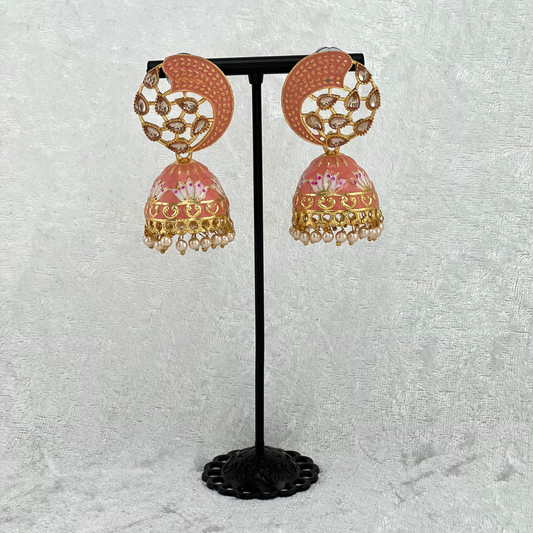 Jhumka Earrings in peach with pearls, Indian wedding jewellery, perfect for Indian weddings, parties and special occasions