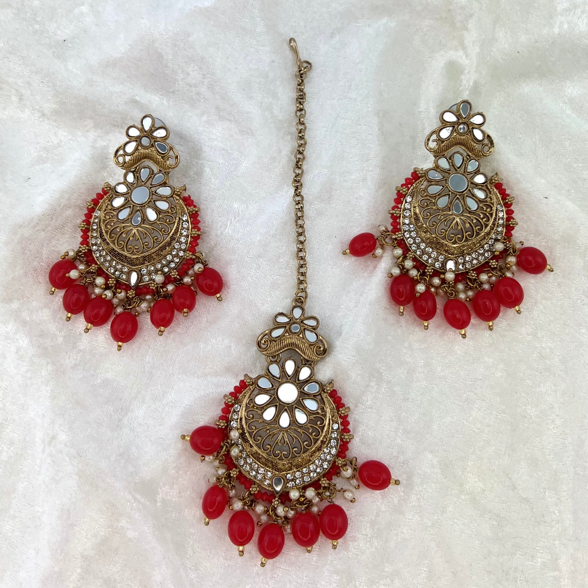 Mirror Tikka & Earring set in Red, high quality stones and beads