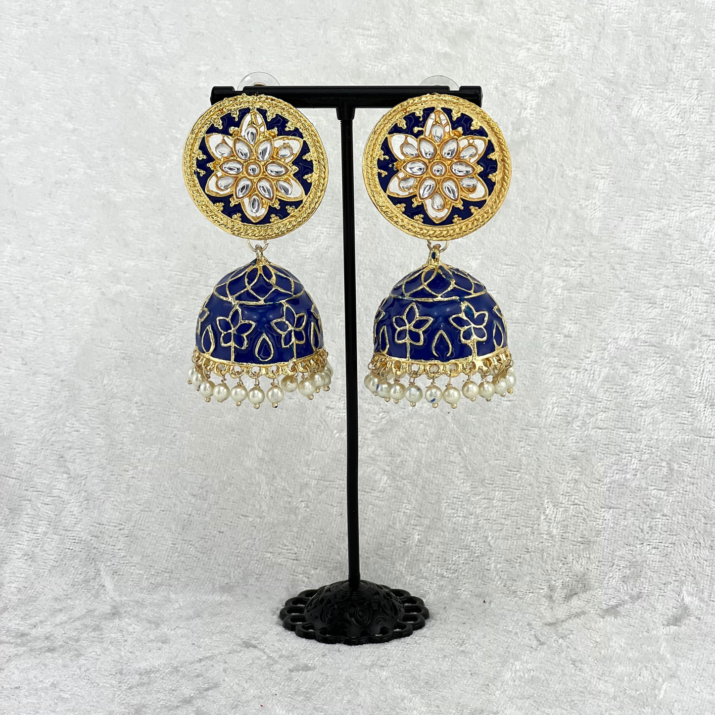 Jhumka Earrings in royal blue colour High quality hand painted earrings with pearls. Latest 2022 fashion, prefect for Indian weddings, parties & special occasions.