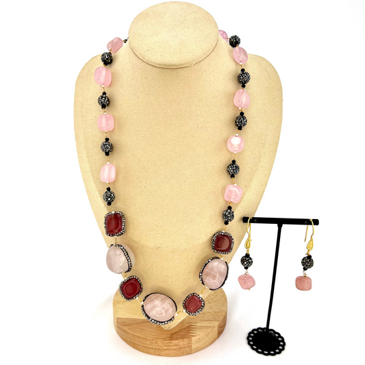 Long necklace set with large stones and beads.  Set includes necklace & earrings.  Prefect for Indian parties, weddings and special occasions.   Latest 2022 fashion.