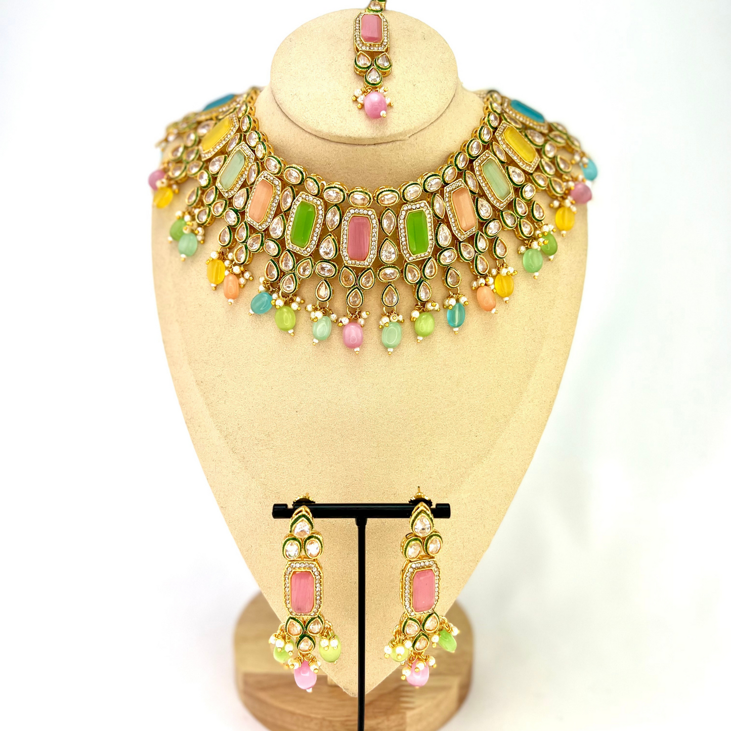 Necklace set with multi colour beads and stones.  Set includes necklace, tikka and earrings.  Prefect for Indian weddings, parties and special occasions.  Latest 2022 fashion. High end Indian fashion jewellery with top quality stones and beads.