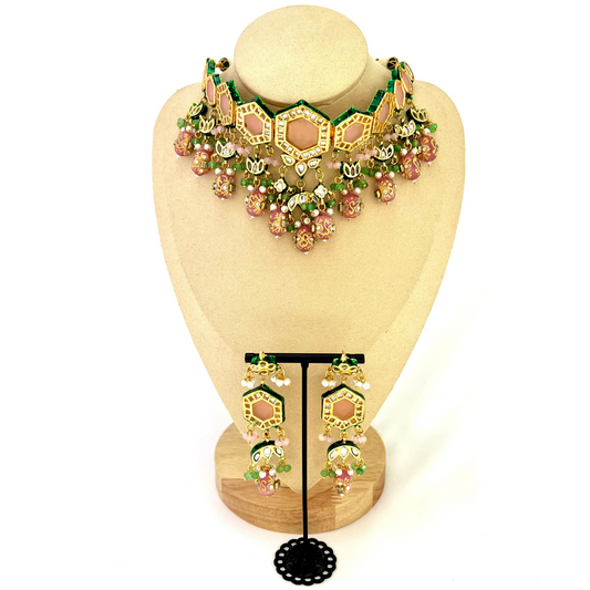 Choker set with pink, green and white beads.  Set includes necklace & earrings.  Prefect for Indian weddings, parties and special occasions.   Latest 2022 fashion.