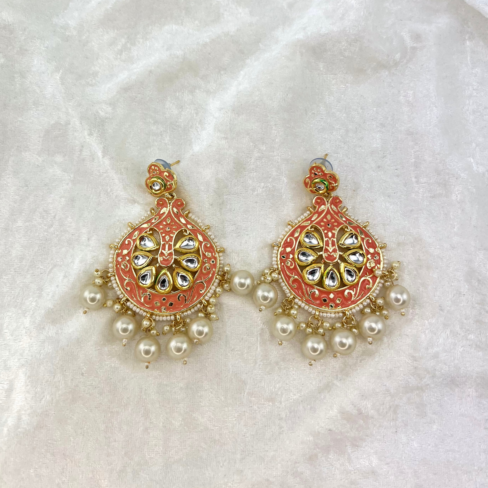 Indian fashion earring, hand painted pearls in Peach colour. Indian wedding jewellery