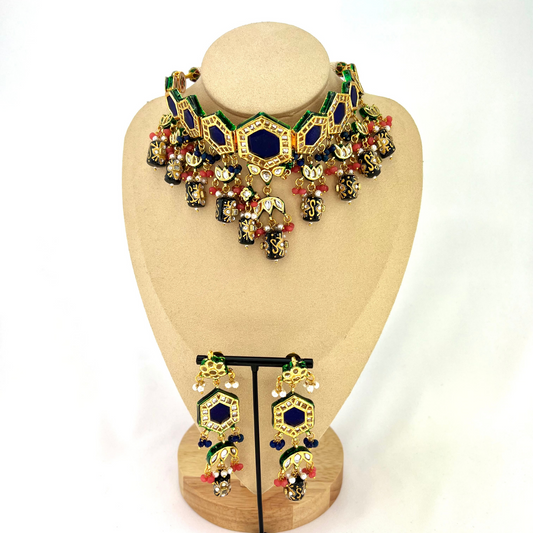 Choker set with navy blue, pink and white beads. Set includes necklace & earrings. Prefect for Indian weddings, parties and special occasions. Latest 2022 fashion.