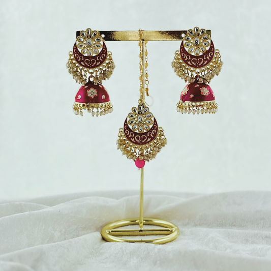 Tikka & Earring Set in hot pink.  High quality beads, pearls and stone work.   Latest 2023 fashion for weddings, parties and special occasions 