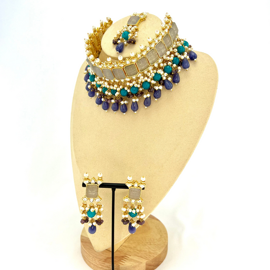 Choker set with with grey, clear stones and blue, purple beads, Set includes choker, tikka and earrings. Prefect for Indian weddings, parties and special occasions. Latest 2022 fashion. High end Indian fashion jewellery with top quality stones and beads.