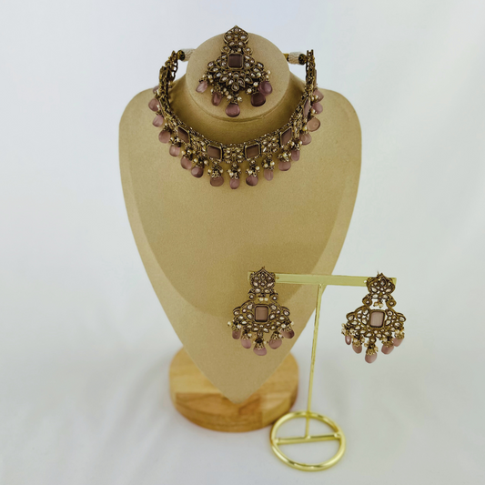 Choker set with lilac bead and stones.  Set includes necklace, tikka & earrings.  Prefect for Indian weddings, parties and special occasions.   Latest 2023 fashion. High end Indian fashion jewellery with top quality stones and beads.