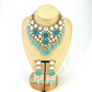 Kundan necklace set with with clear and blue stones, blue beads and small white pearls.  Set includes necklace and earrings.  Prefect for Indian weddings, parties and special occasions.  Latest 2022 fashion. High end Indian fashion jewellery with top quality stones and beads.