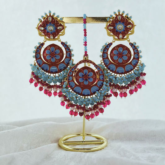 Hand painted tikka & earring set in pink, blue & hot pink.  High quality beads, pearls and stone work.   Latest 2023 fashion for weddings, parties and special occasions 