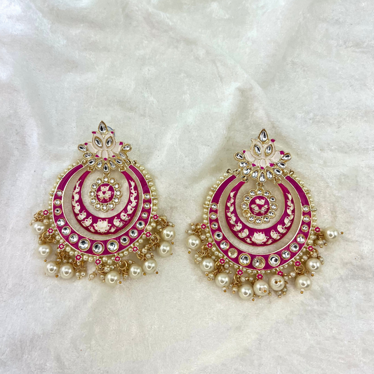 Large Indian Wedding Earrings in Hot pink with pearls