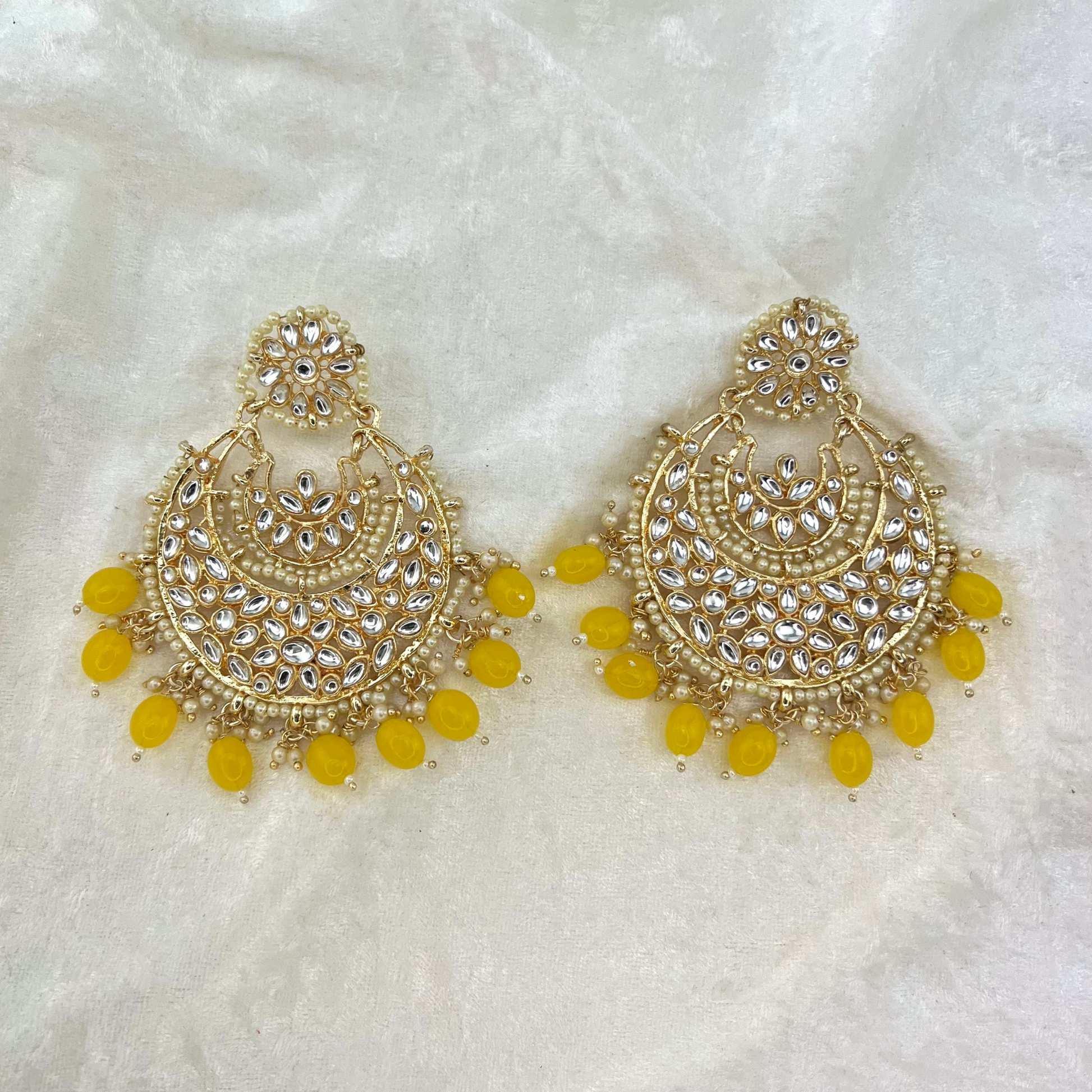 Indian wedding jewellery - large earrinfs with high quality stones and beads in yellow