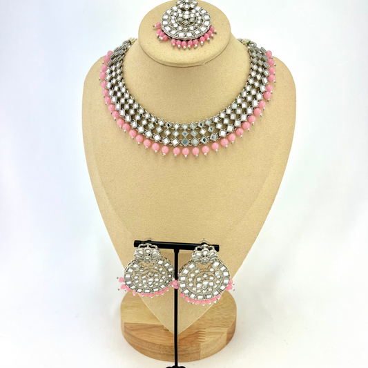 ﻿Mirror necklace set with baby pink beads.  Set includes, necklace, tikka and earrings.  Prefect for Indian weddings, parties and special occasions.  Latest 2022 fashion. High end Indian fashion jewellery with top quality stones and beads.