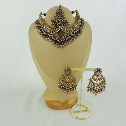 Choker set with lilac stones pearl beads.  Set includes necklace, tikka & earrings.  Prefect for Indian weddings, parties and special occasions.   Latest 2023 fashion. High end Indian fashion jewellery with top quality stones and beads.