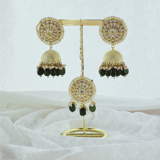 Tikka & earring set in forest green.  High quality beads, pearls and stone work.   Latest 2023 fashion for weddings, parties and special occasions 