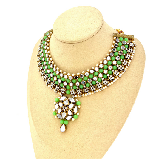 ﻿Mirror necklace set with green beads, clear stones and pearls.  Set includes, necklace, tikka and earrings.  Prefect for Indian weddings, parties and special occasions.  Latest 2022 fashion. High end Indian fashion jewellery with top quality stones and beads.