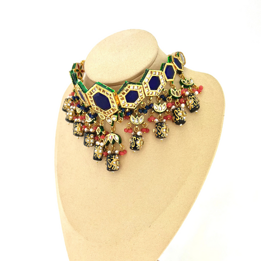 Choker set with navy blue, pink and white beads.  Set includes necklace & earrings.  Prefect for Indian weddings, parties and special occasions.   Latest 2022 fashion.