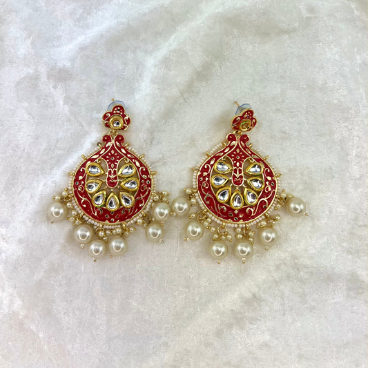 Indian fashion earring, hand painted pearls in Red colour. Indian wedding jewellery