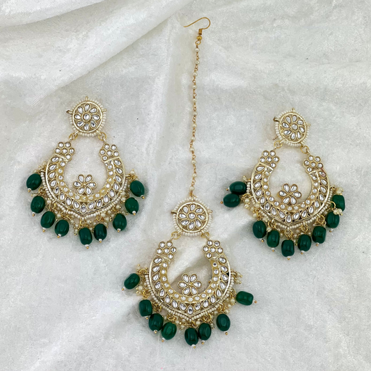 Tikka & Earring Set in Forest Green  with high quality beads, peals and stones