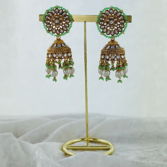 High quality mint green jhumka earrings with beads.  Latest 2023 fashion, prefect for Indian weddings, parties & special occasions