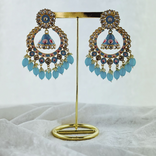 High quality hand painted baby blue earrings with beads.  Latest 2023 fashion, prefect for Indian weddings, parties & special occasions.