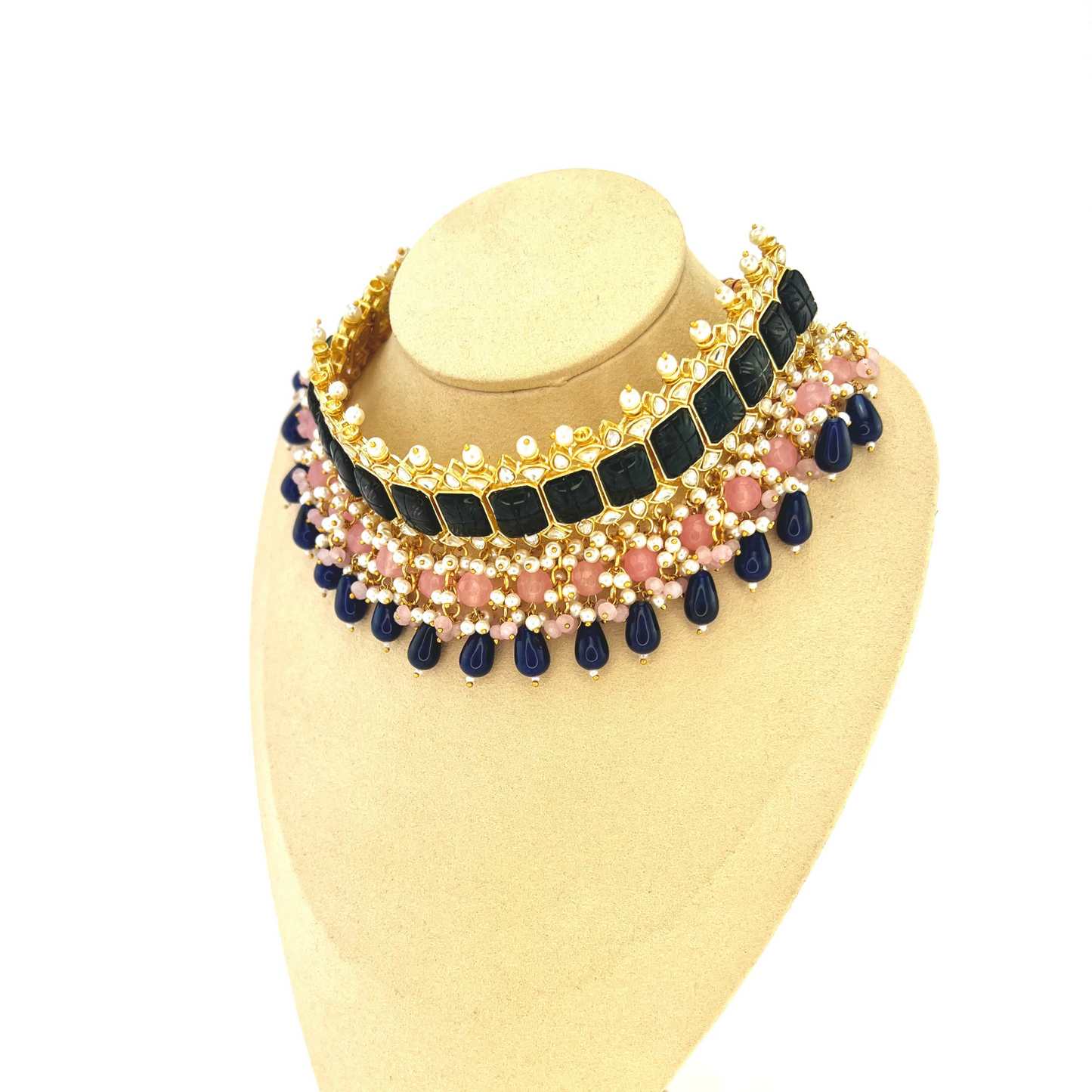 Choker set with with navy blue, clear stones and pink, navy blue beads,  Set includes choker, tikka and earrings.  Prefect for Indian weddings, parties and special occasions.  Latest 2022 fashion. High end Indian fashion jewellery with top quality stones and beads.