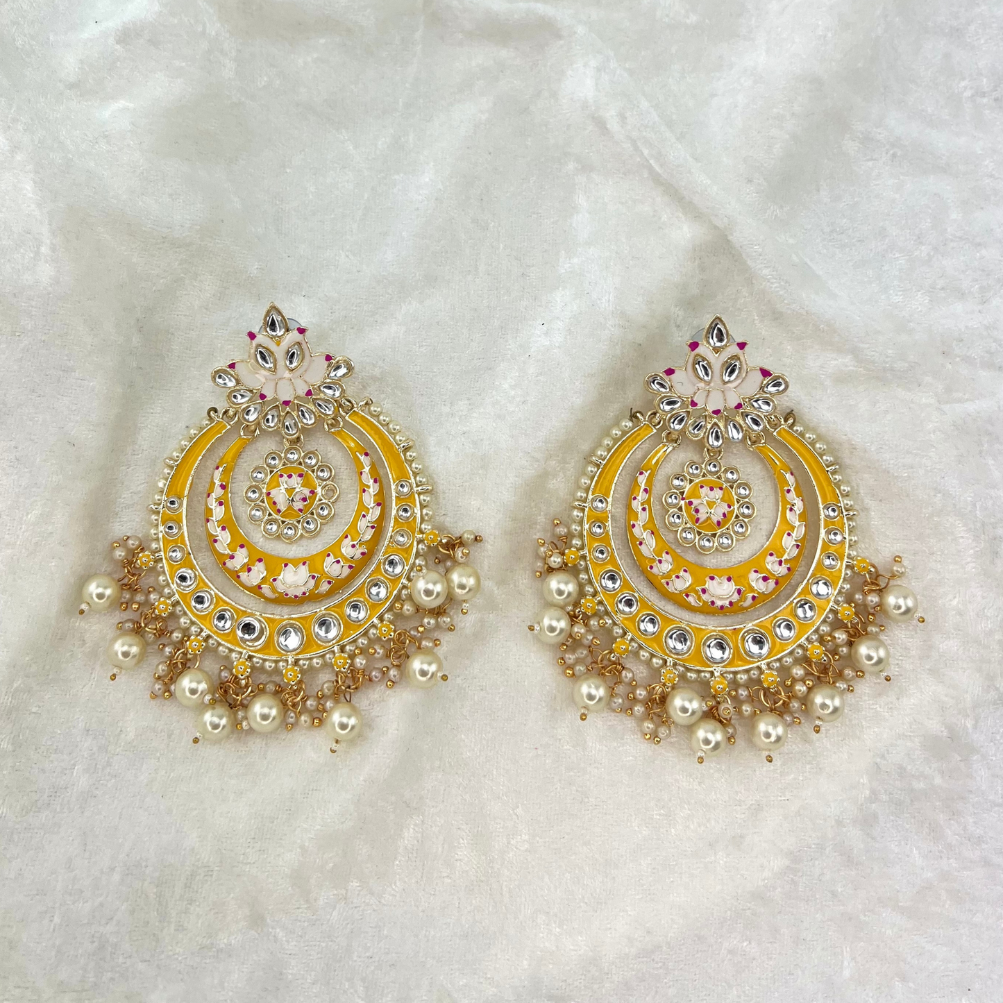 Large Indian Wedding Earrings in yellow with pearls