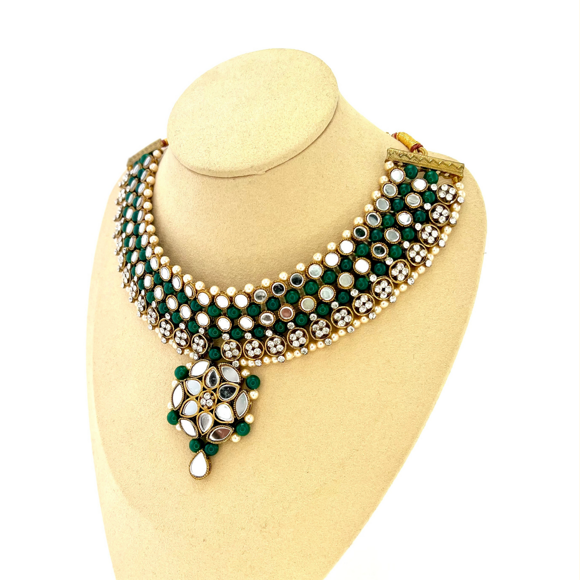 Mirror necklace set with forest green beads, clear stones and pearls.  Set includes, necklace, tikka and earrings.  Prefect for Indian weddings, parties and special occasions.  Latest 2022 fashion. High end Indian fashion jewellery with top quality stones and beads.