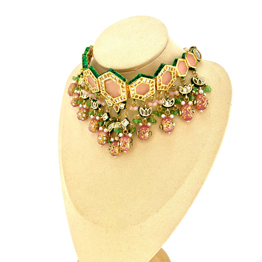 Choker set with pink, green and white beads.  Set includes necklace & earrings.  Prefect for Indian weddings, parties and special occasions.   Latest 2022 fashion.