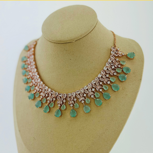 Rosegold necklace set with light blue and clear stones.  Set includes necklace & earrings.  Prefect for Indian weddings, parties and special occasions.   Latest 2023 fashion. High end Indian fashion jewellery with top quality stones and beads.